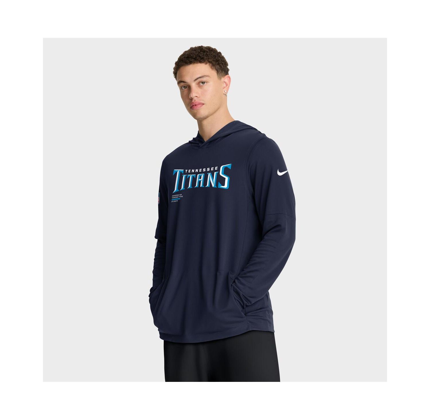 Men's Navy Tennessee Titans Sideline Pure Fury Performance Long Sleeve Hoodie T-Shirt