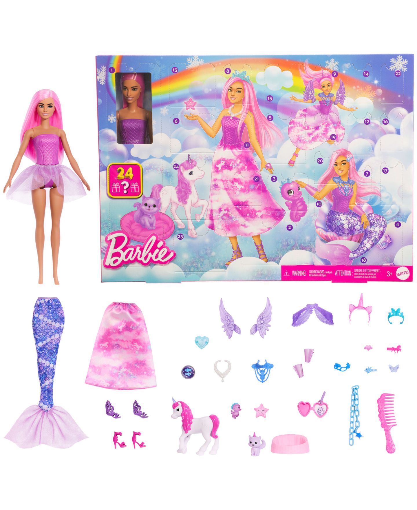 Детская кукла Barbie Advent Calendar with Fashion Doll and 24 Surprise Toy Accessories Including Unicorn and Pets — фото 1