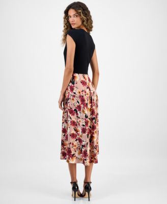 Women's Colorblock Printed Cap-Sleeve Midi Dress