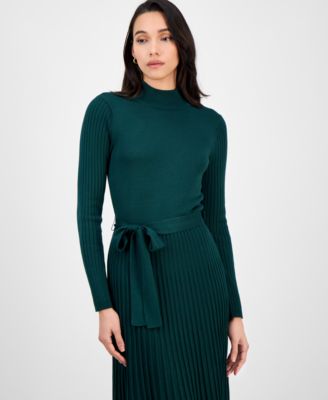 Women's Tie-Front Pleated Mock-Neck Sweater Dress
