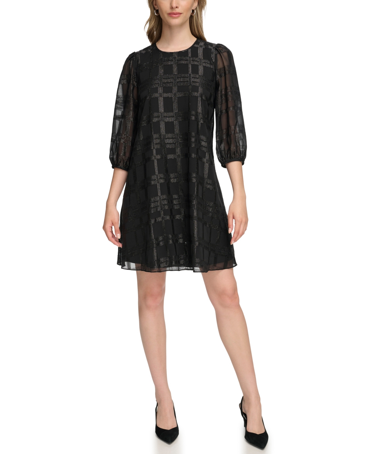 Calvin Klein Dress Women's Black Glitter Chiffon Puff Sleeve A-line Buu994 In Black