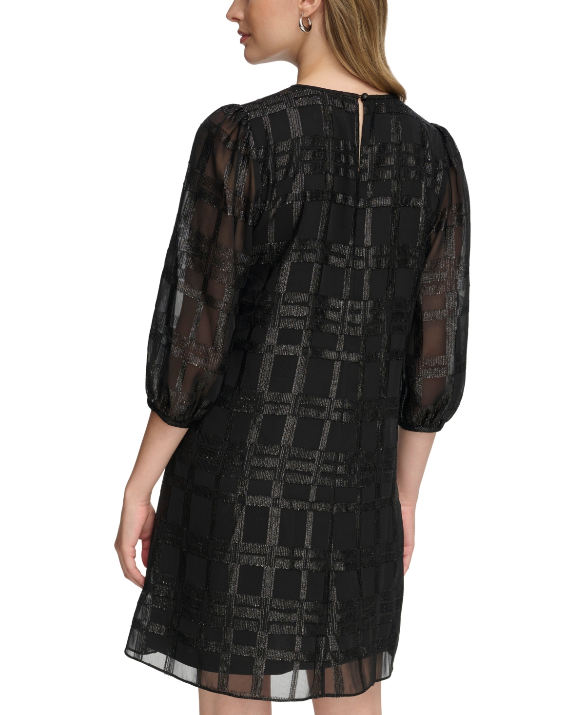 Calvin Klein Dress Women's Black Glitter Chiffon Puff Sleeve A-line Buu994 In Black