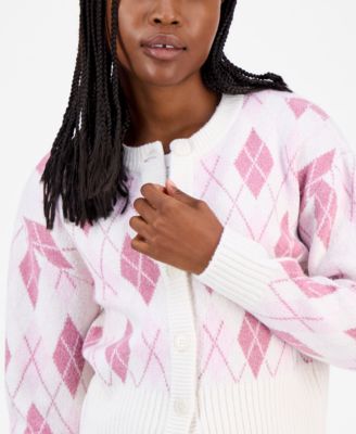 Juniors' Argyle Crewneck High-Rib Cardigan