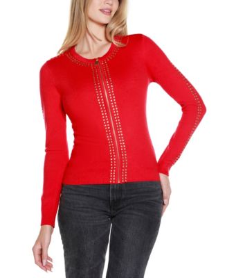 Women's Crewneck Embellished Zip Cardigan Sweater