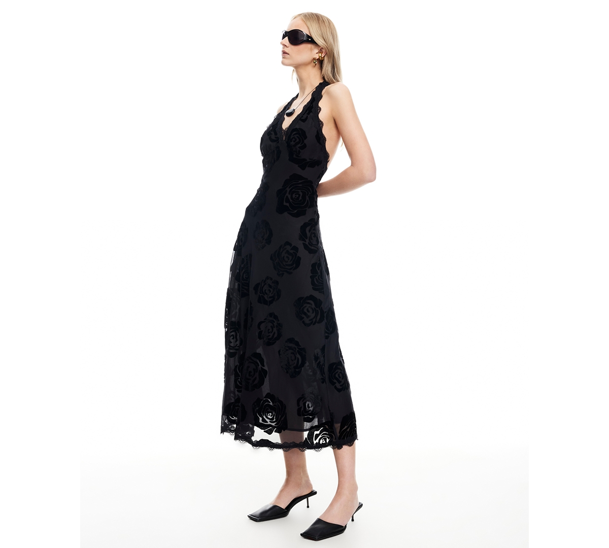 Lioness Stars Align Halterneck Lace Trim Open Back Devore Dress In Black