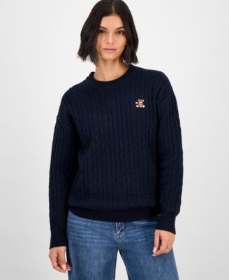 Hooked Up by IOT - Juniors' Bear-Embroidered Cable-Knit Sweater