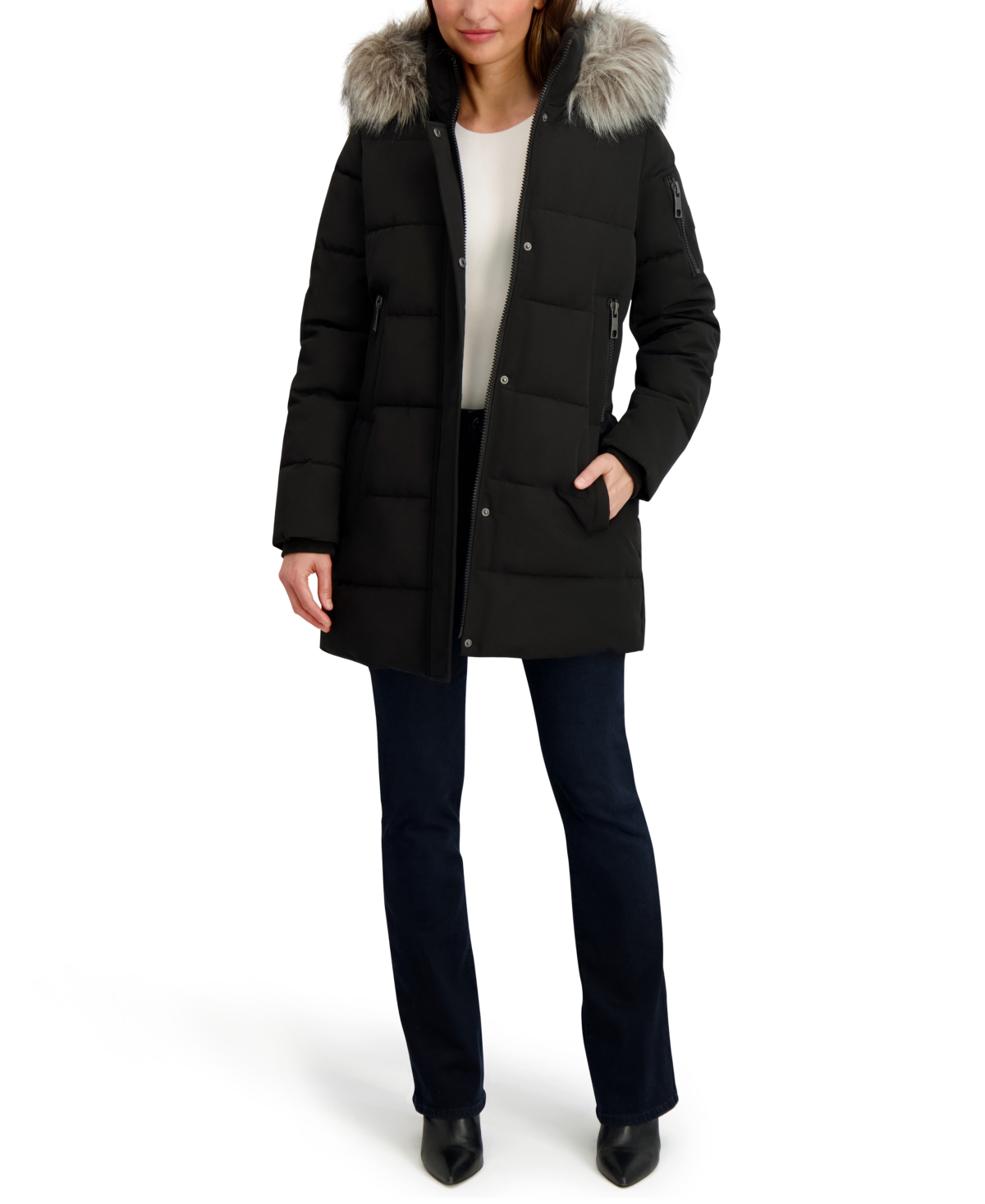 Nautica Women's Faux-fur-trim Hooded Puffer Coat In Black