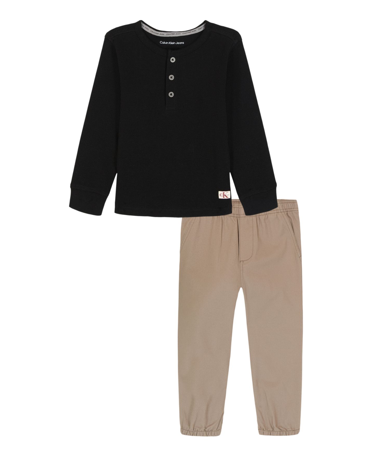 Комплект Calvin Klein Thermal Henley Top and Twill Joggers, 2-Piece Set для мальчиков, цвет: Чёрный / Коричневый — фото 2