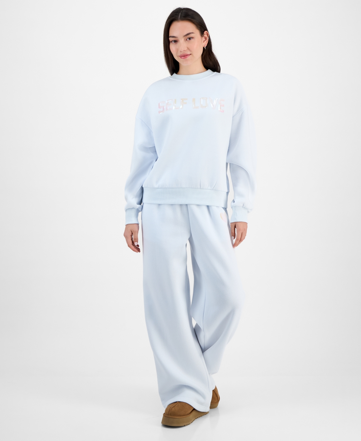 Madden Girl Juniors' Sequin Heart Wide-leg Sweatpants In Blue