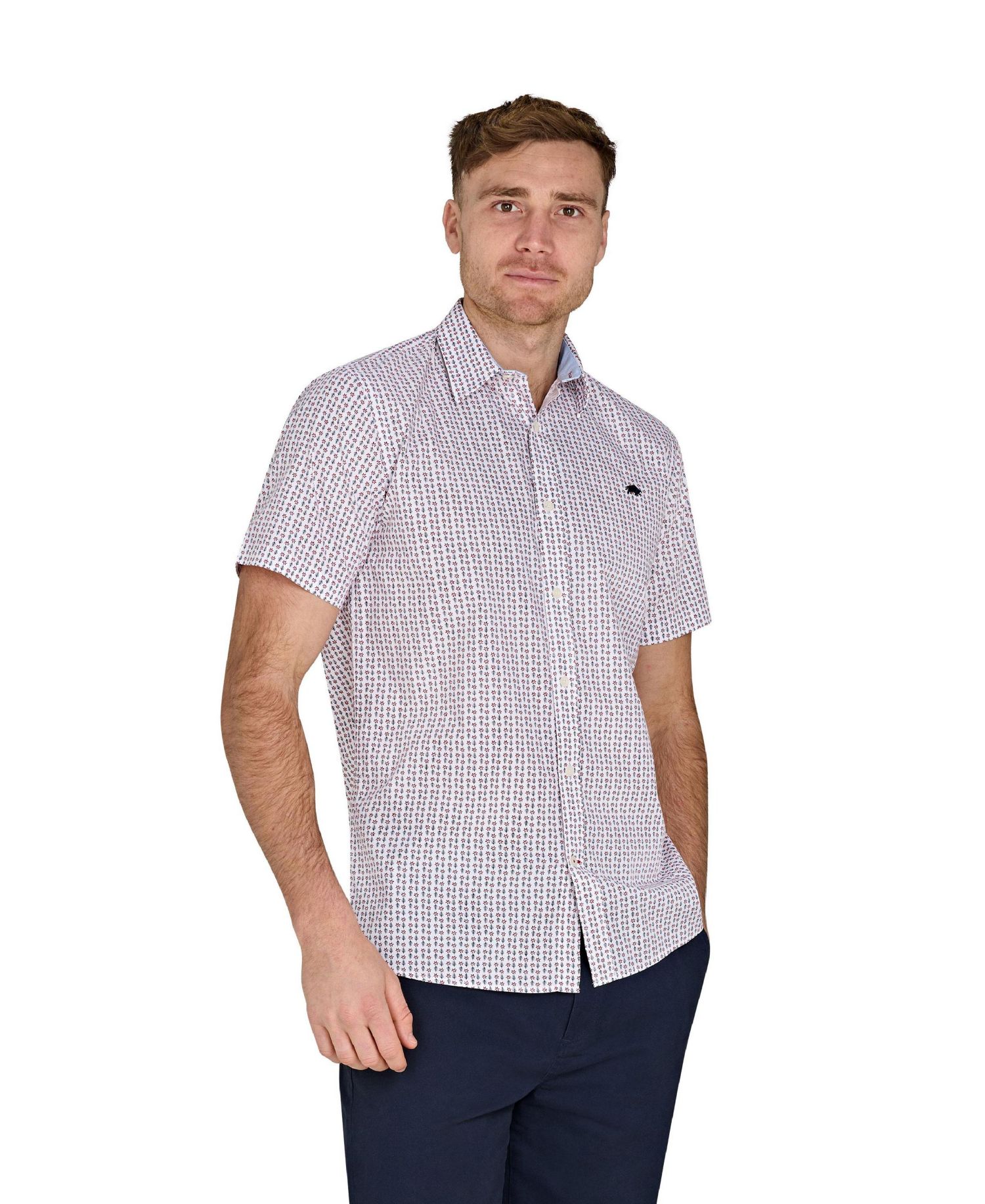 Men's Short Sleeve Flower Cotton Poplin Shirt