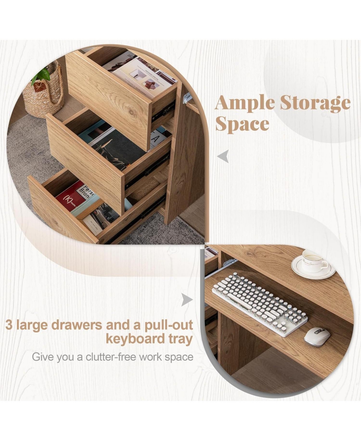 Mecale Computer Desk with Power Outlet Keyboard Tray and 3 Large Drawers