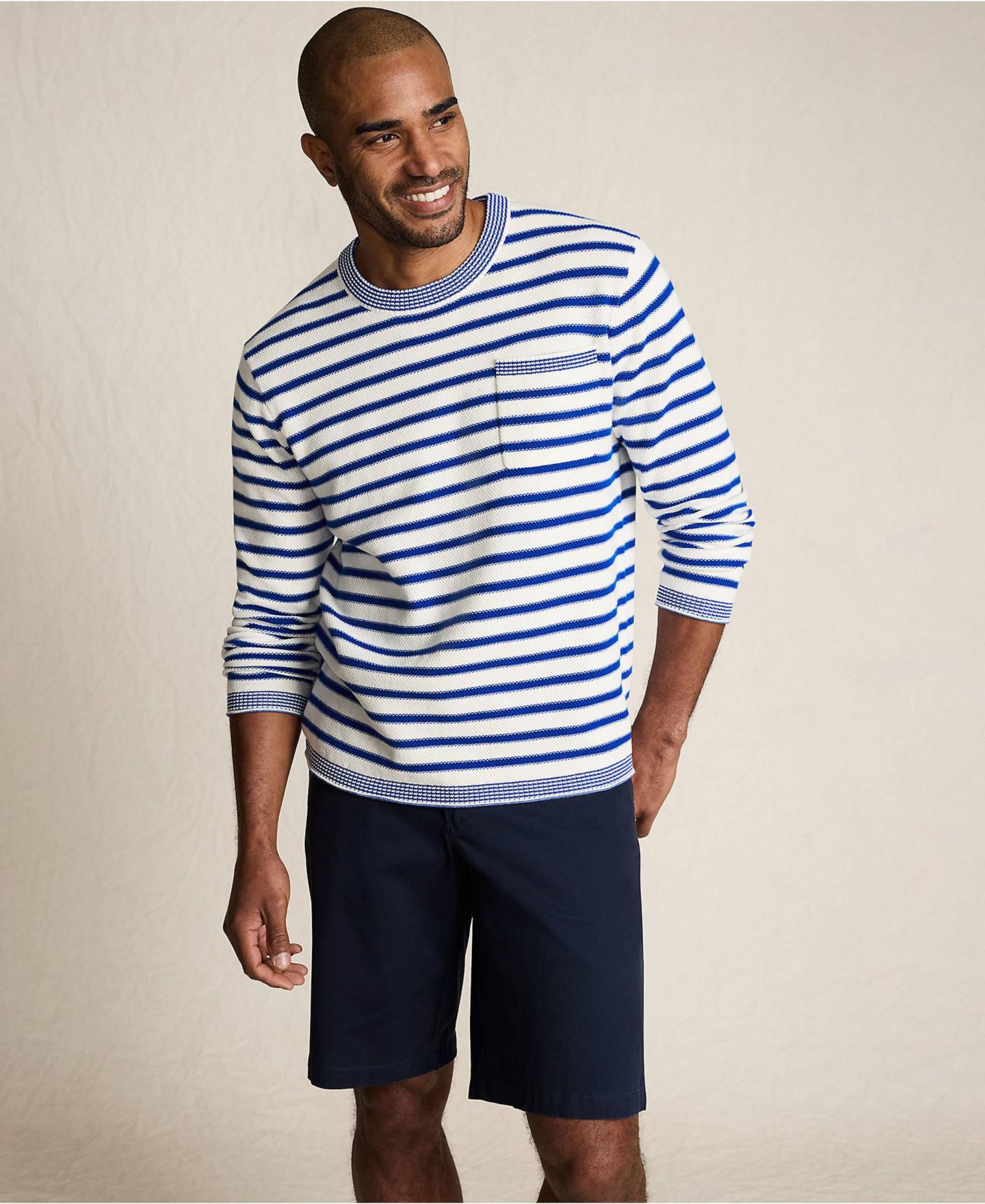 Мужской свитер Lands' End Long Sleeve Textured Cotton Crewneck, цвет: Слоновая кость латте / Полосатый — фото 4
