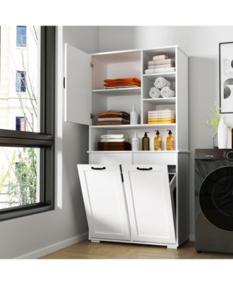 Laundry Cabinet with Doors, Tilt-Out Hamper, Open and Adjustable Shelves