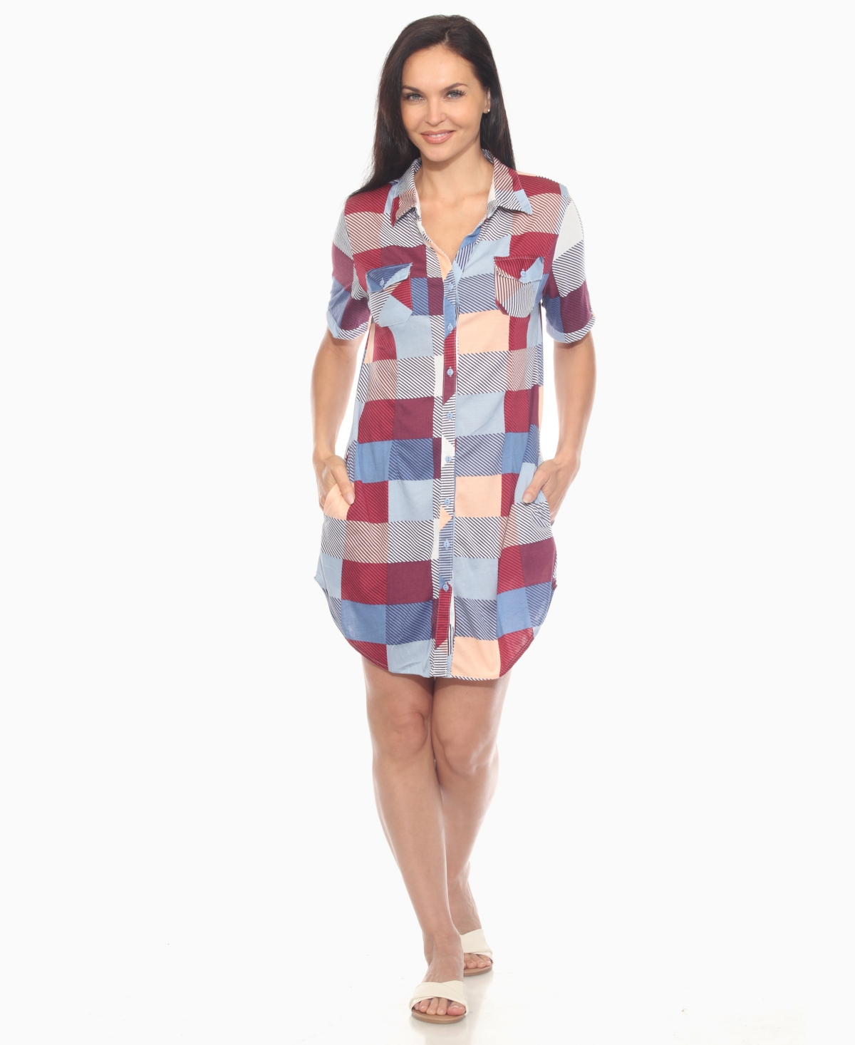 White Mark Women's Short Sleeve Plaid Button-down Shirt Dress In Blue