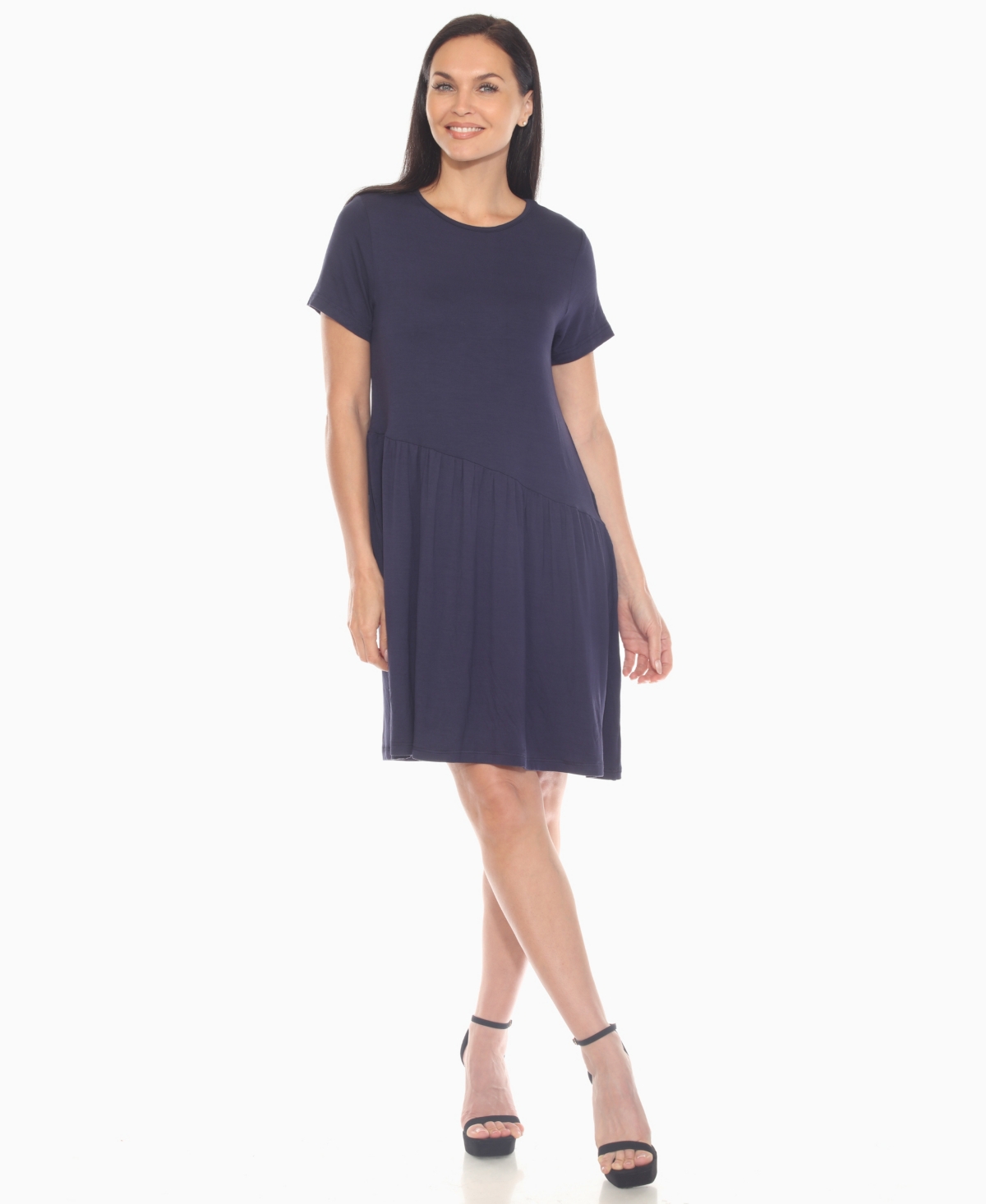 White Mark Women's Asymmetrical Waist And Short Sleeve Swing Dress In Blue