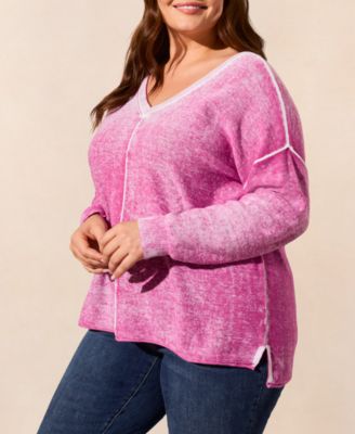 Plus Size Special Wash Long Sleeve V-Neck Sweater