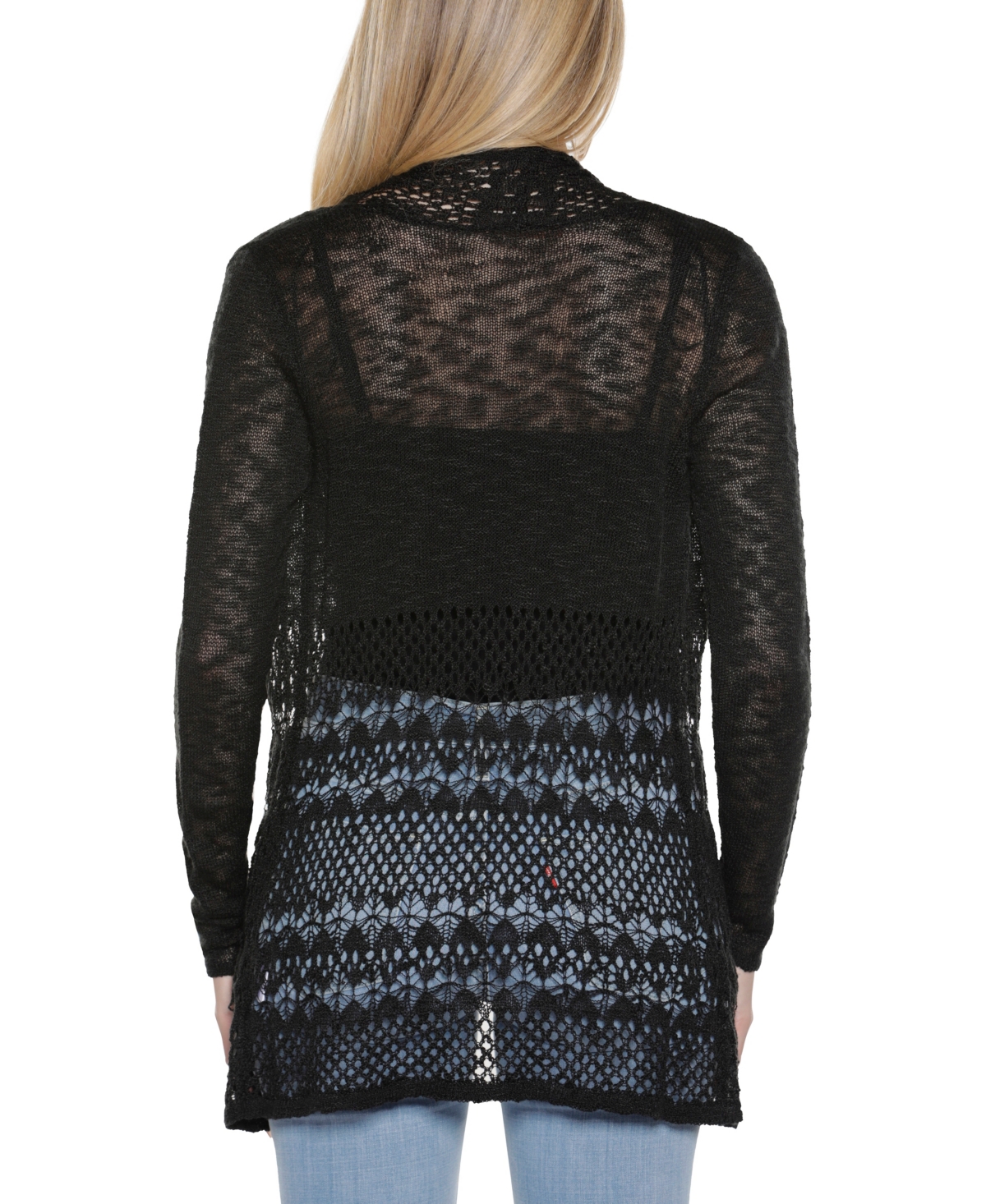 Belldini Plus Size Open-front Pointelle-trim Cardigan Sweater In Black