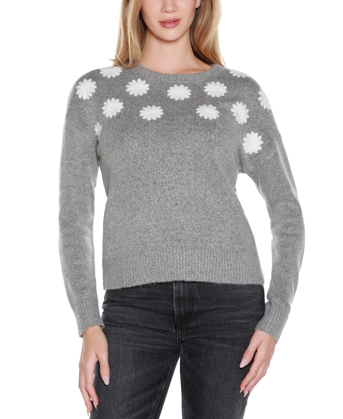 Belldini Women's Embroidered Flowers Sweater In Gray
