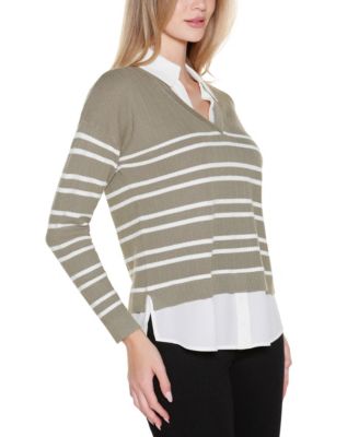 Women's Striped V-Neck Two-Fer Sweater