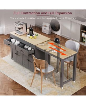 74.5" Kitchen Island with Pull-Out Dining Table, Rolling Storage Cart with 2 Drawers, Cabinets & Spice Rack-Maison Boucle