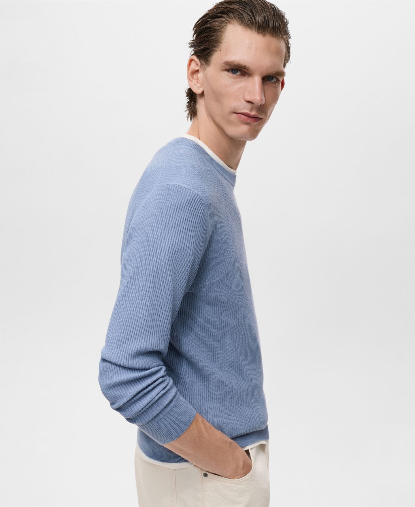 Мужской свитер MANGO Fine Rib-Knit Cotton, цвет: Синий — фото 5