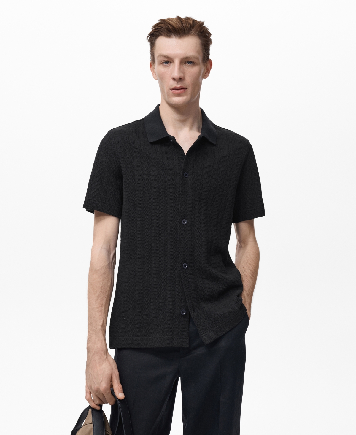 Mango Short Sleeve Structured Knit Button-up Shirt In Black