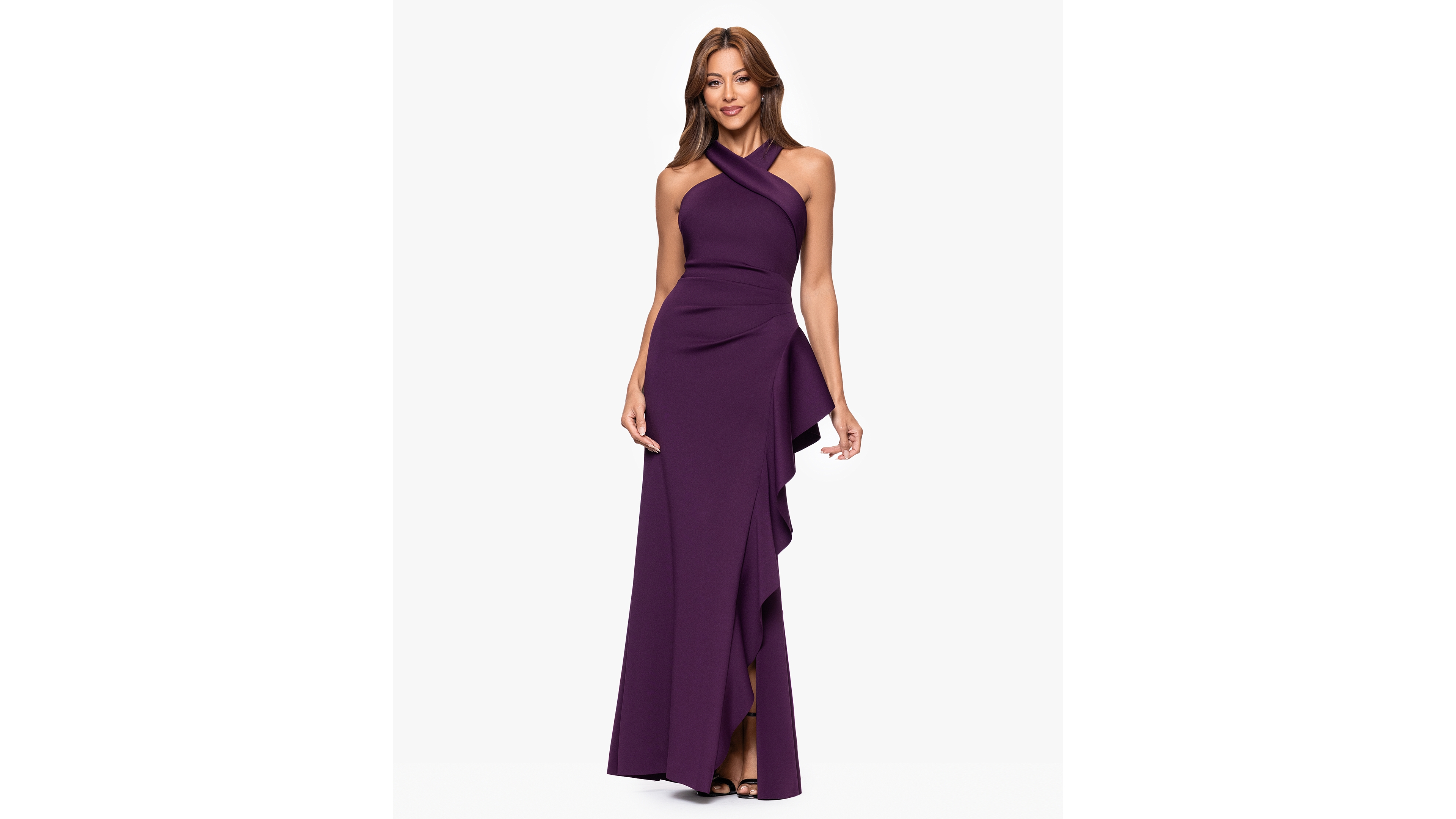 Xscape Women's Crisscross Halter Side-Ruffled Gown