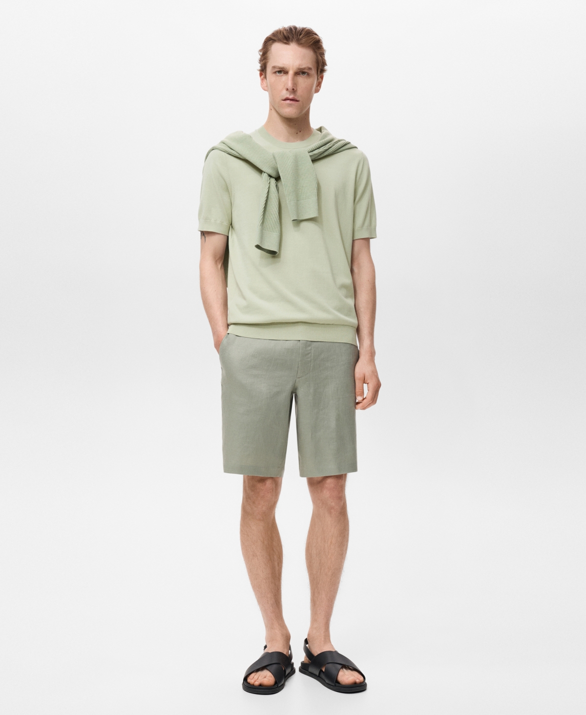 Mango Short Sleeve Cotton Crewneck Sweater In Green