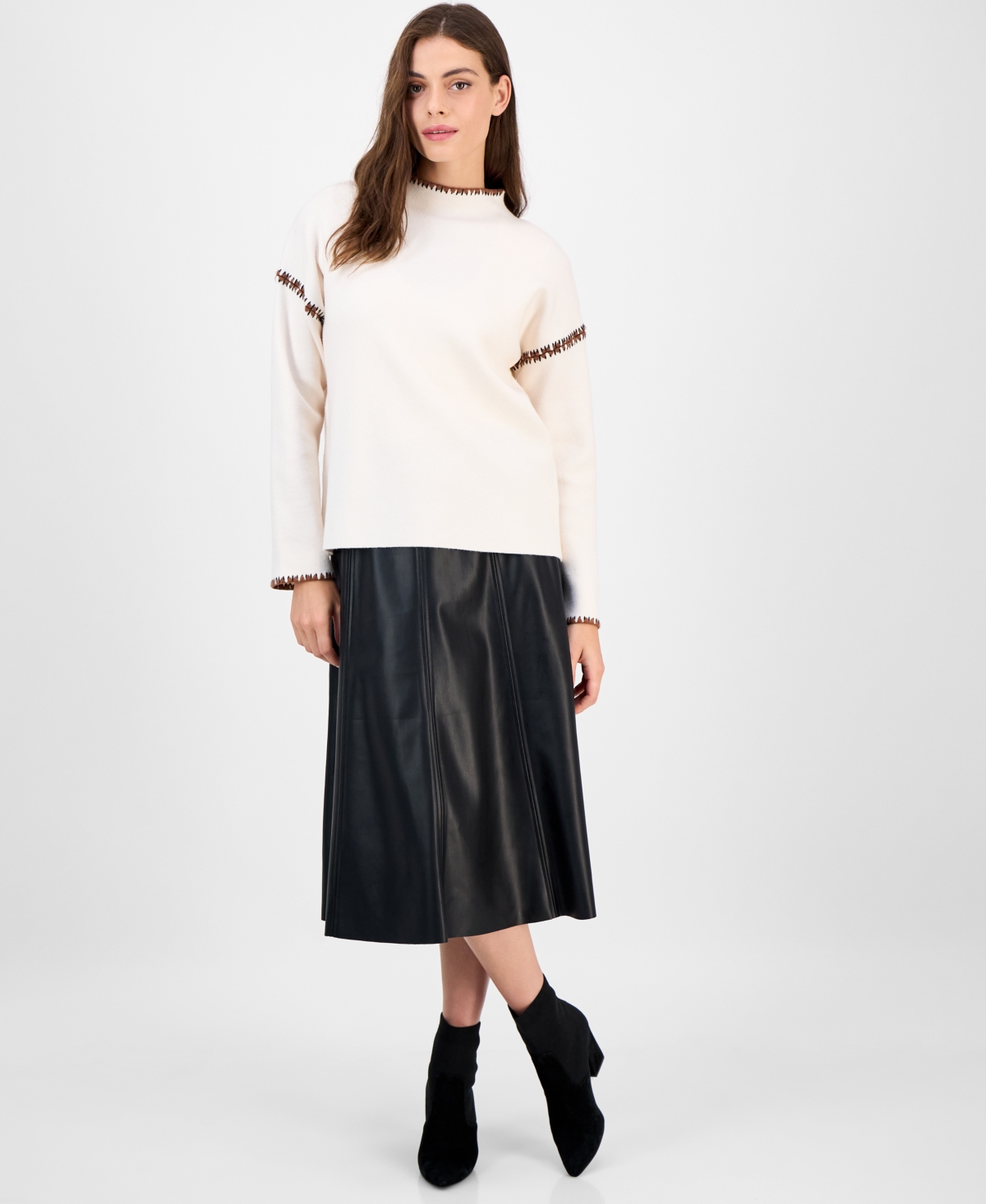 T Tahari Women's Mock-Neck Embroidered-Stitch Sweater