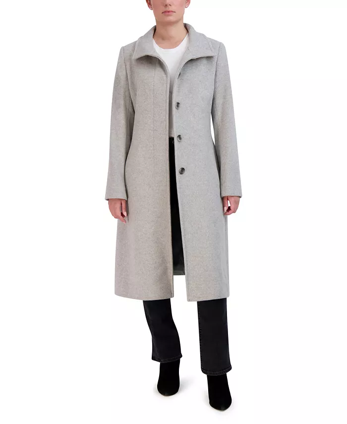 Womens Stand-Collar Single-Breasted Wool Blend Coat