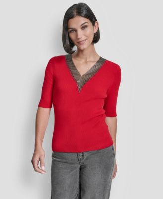 DKNY - Women's Embellished-Neck Half-Sleeve Ribbed Sweater