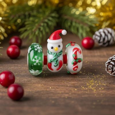 4 Murano Glass Christmas Set Reindeer Candy Cane Snowman Snowflake Charm Bead For Teen For Women .925 Sterling Silver