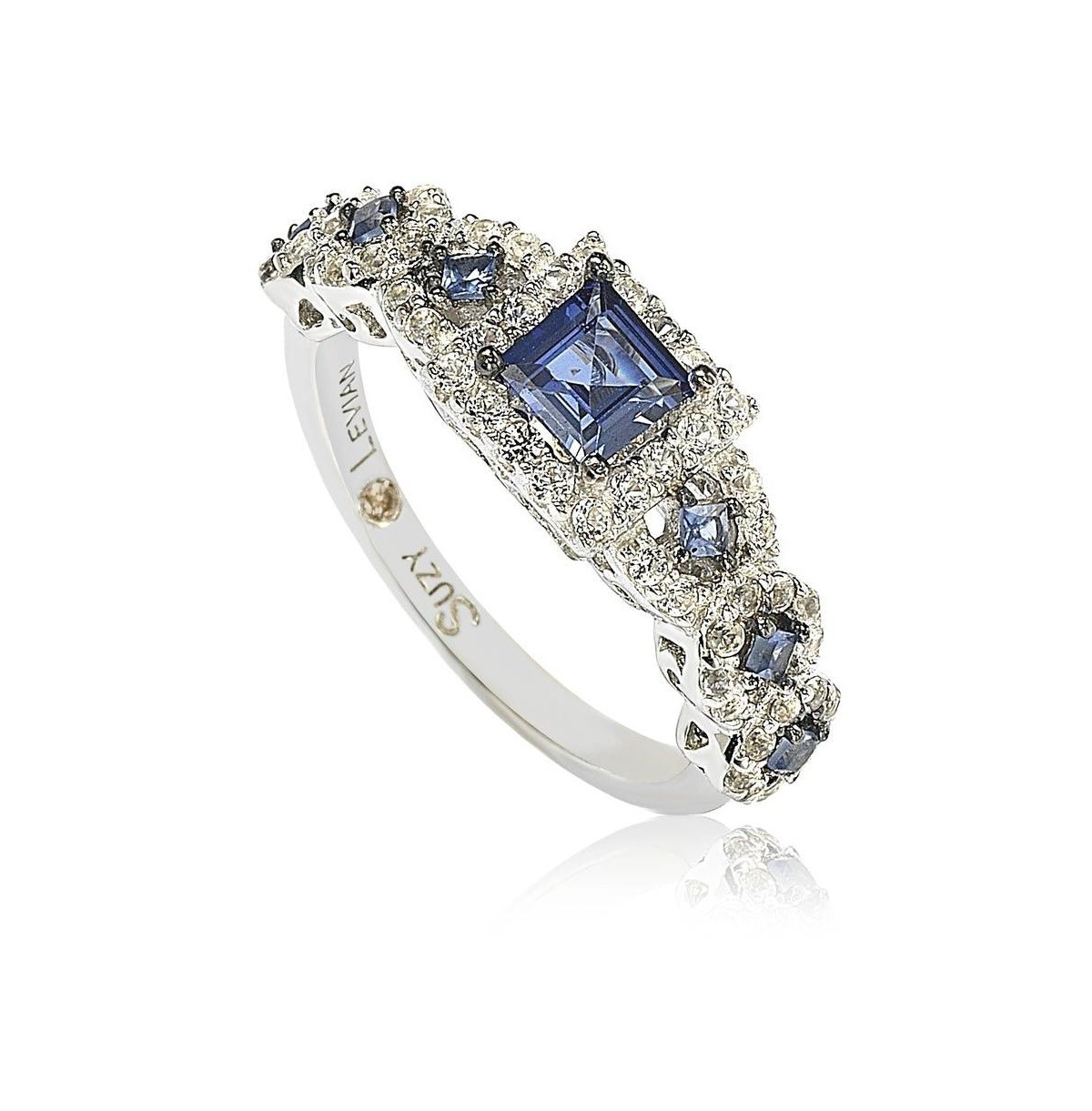 Украшения Suzy Levian New York Suzy Levian Sterling Assher Cut Sapphire and Created Sapphire Proposal Ring — фото 1