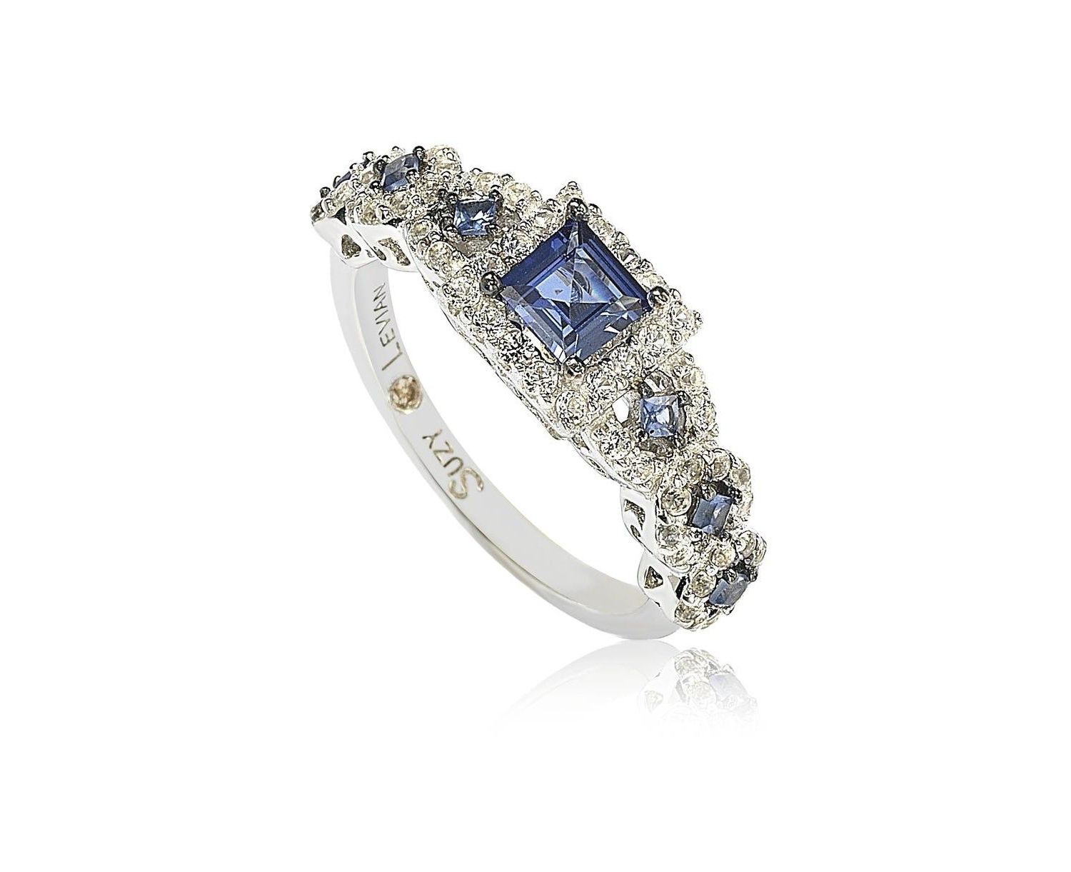 Suzy Levian Sterling Assher Cut Sapphire and Created Sapphire Proposal Ring