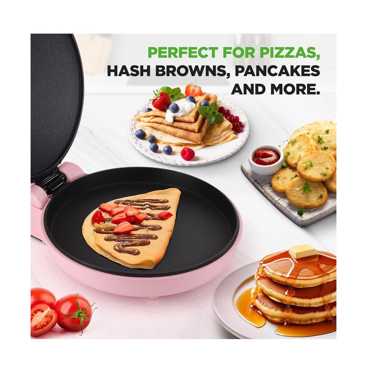 NutriChef Countertop Pizza Maker - Non-Stick Electric Pizza Oven with Cool Touch Handle and Uplift Function, Includes Spatula (Pink)