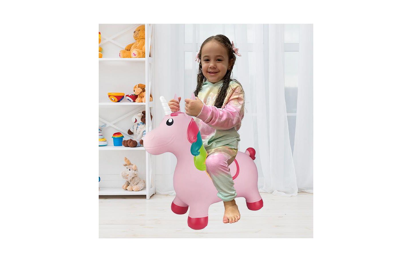 Детская игрушка BounceZiez Pink Unicorn Inflatable Ride-On Hopper, 110 Lbs Capacity, Ages 3+, цвет: Розовый — фото 1