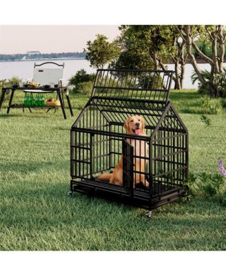 Black Metal 48 in. Heavy Duty Dog Crate with Wheels, Folding Big Dog Cage with a pointed roof and Removable Tray