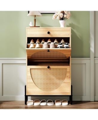 Shoe Cabinet with 2 Flip Drawers, Oak