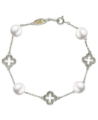 Suzy Levian Sterling Silver Clover White Sapphire and Cultured Pearl Bracelet