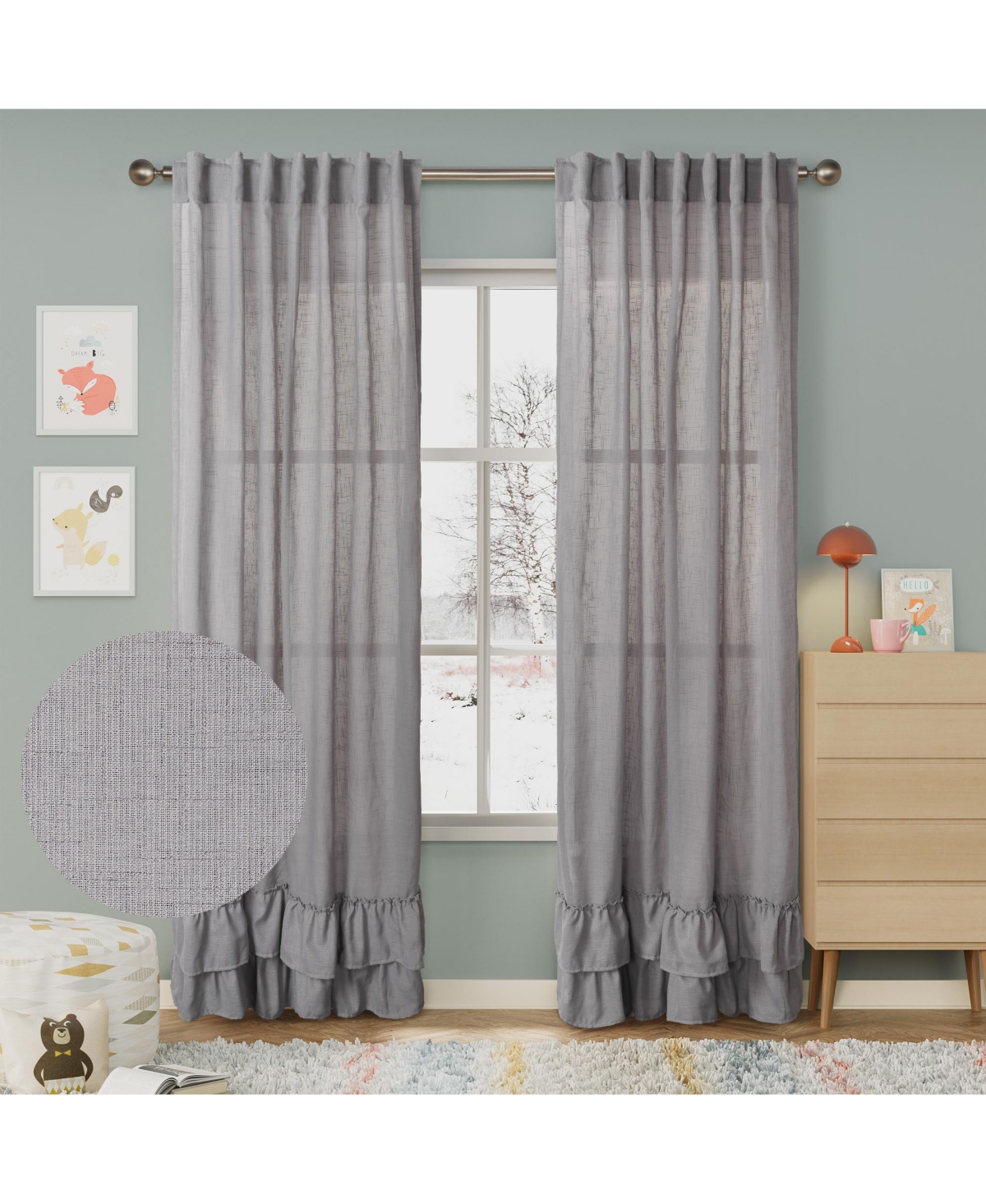 Awesome Home Textured Double Ruffle Rod Pocket Curtains Pair