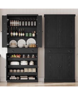 Kitchen Pantry with Drawer, Sliding Storage Rack, Black