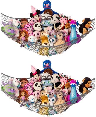 Toddler Stuffed Animal Net Hammock, Jumbo Extra Large Corner Hanging Toy Storage Organizer, White, 2 Pack
