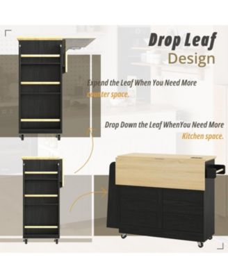 Kitchen Island Cart with Storage, Power Outlet and Drop Leaf, Black
