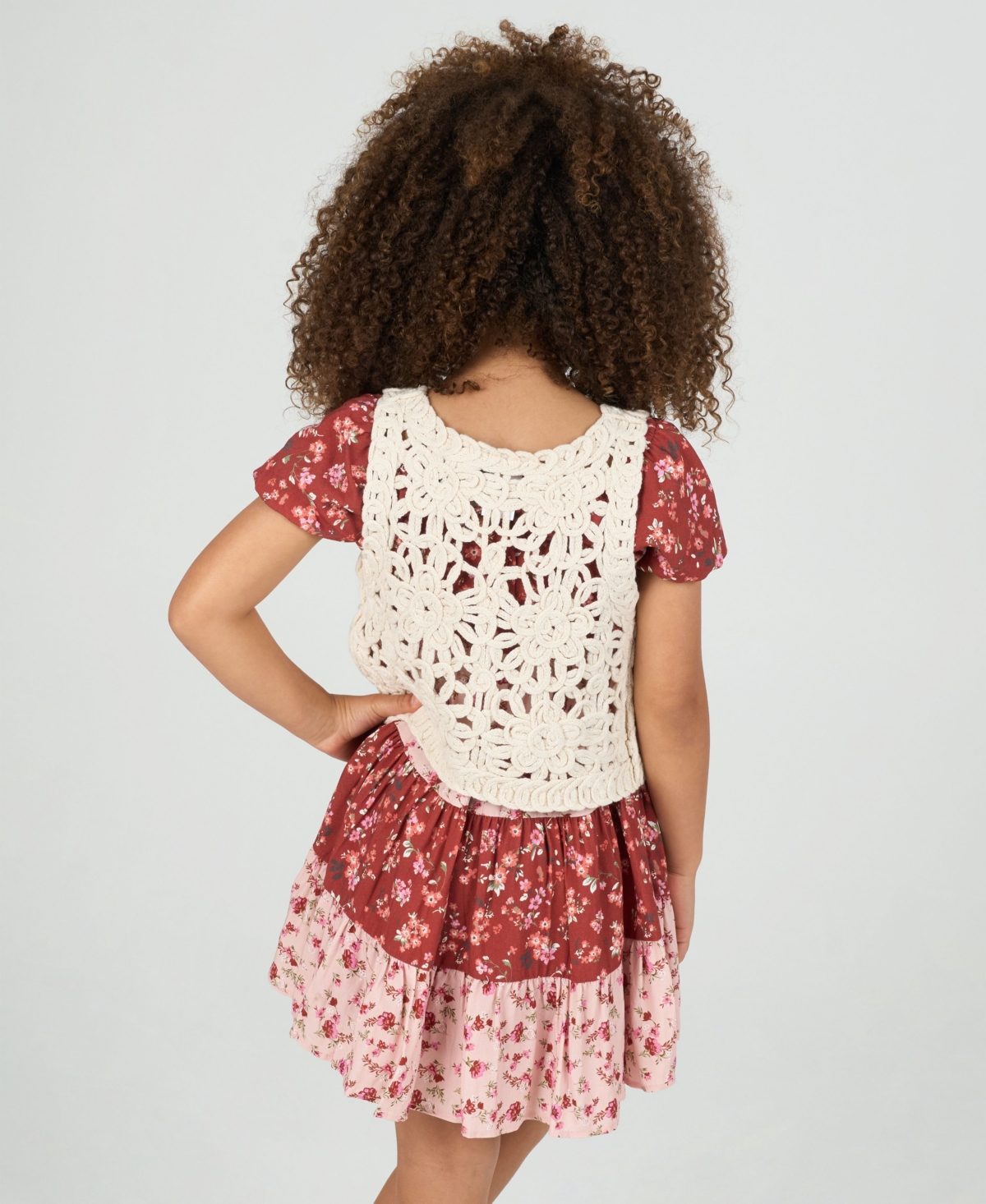 Rare Editions Big Girls 2-piece Mixed Floral With Crochet Vest And Dress Set In White