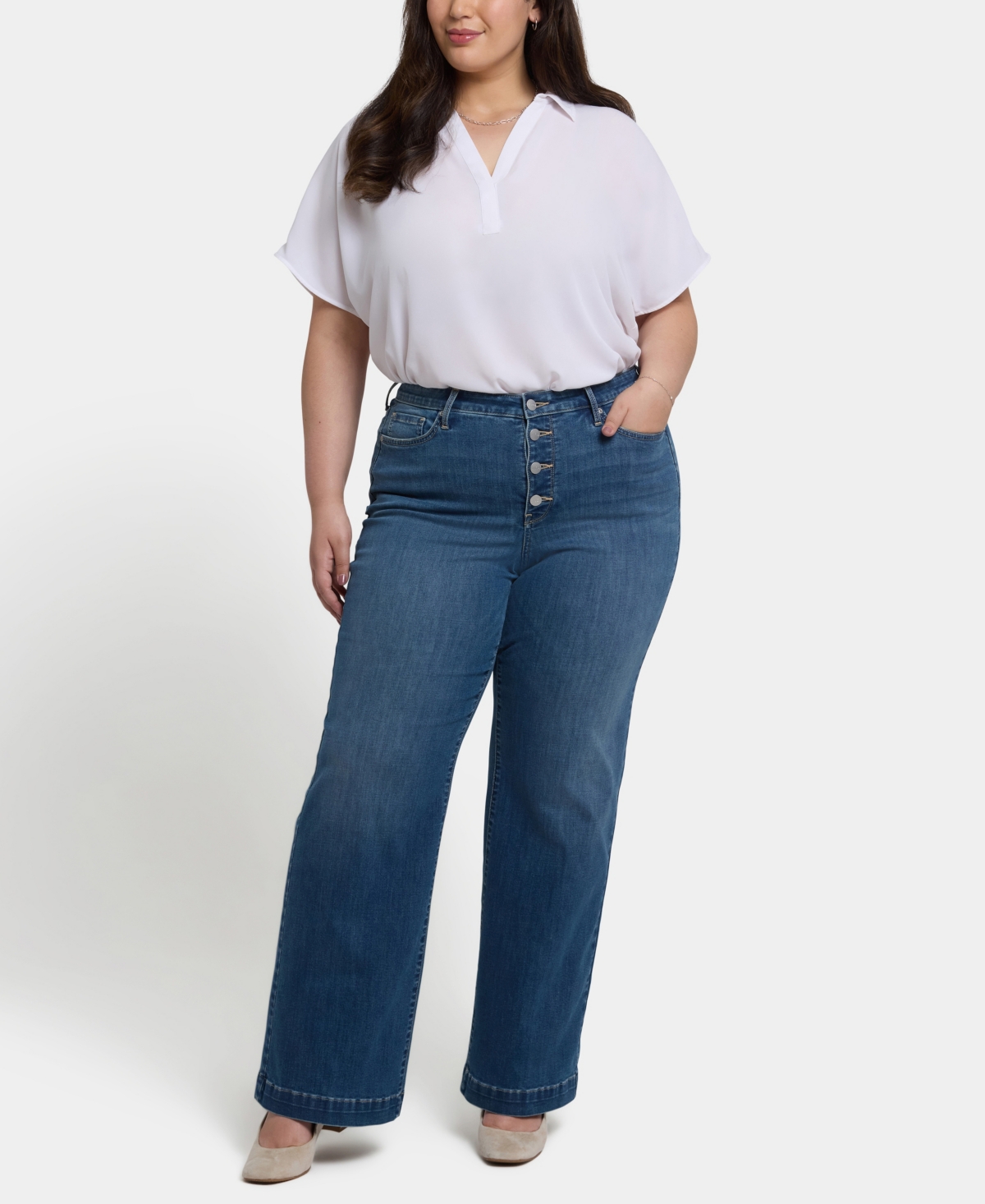 Nydj Plus Size Teresa Wide Leg Exposed Button Fly Jeans In Blue