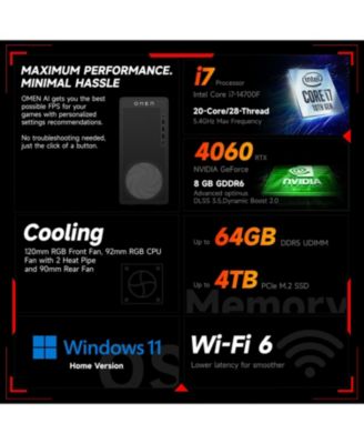 Omen 16L Gaming Tower Desktop Intel Core i7 14700F 8GB RAM NVIDIA GeForce RTX 4060 512GB SSD Storage Windows 11 Home - Black