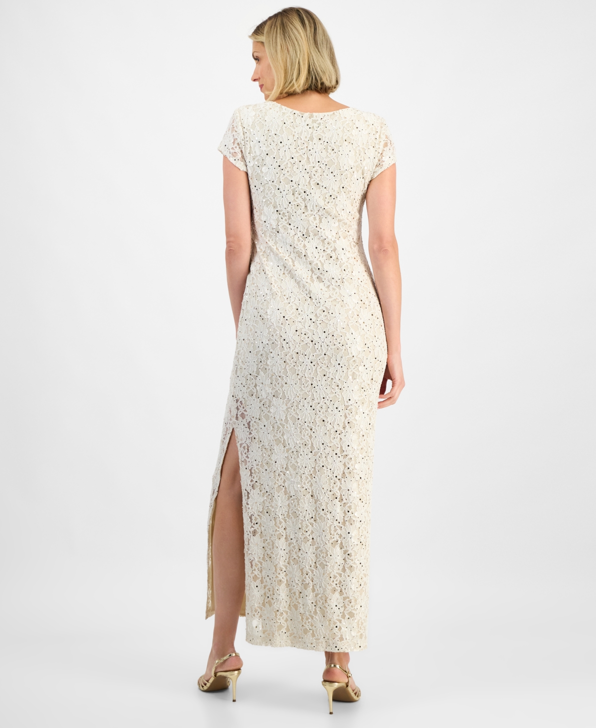 Connected Women's Sequined Lace Column Gown In White