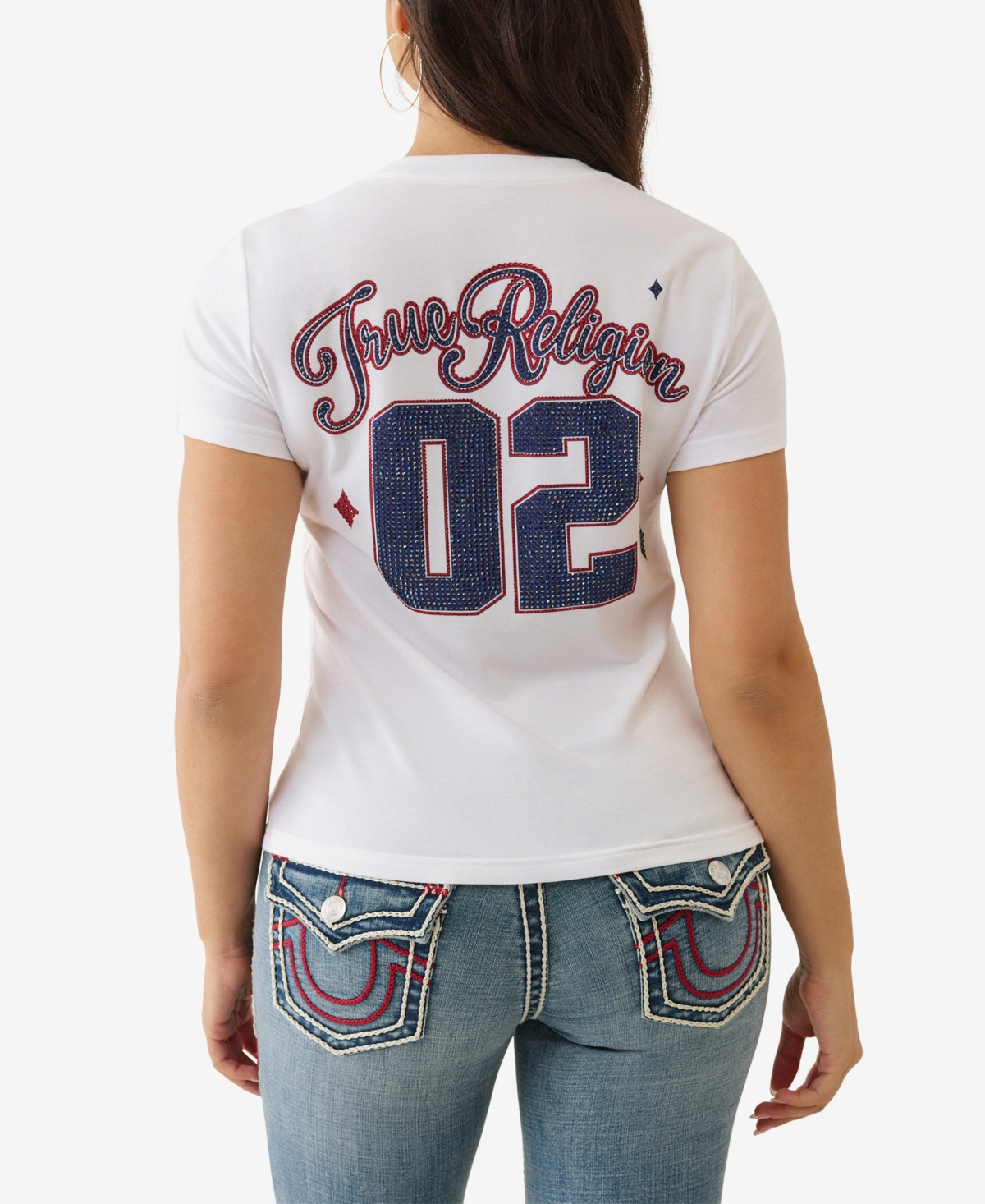 True Religion Women's Sporty Crystal V Neck T-shirt In White