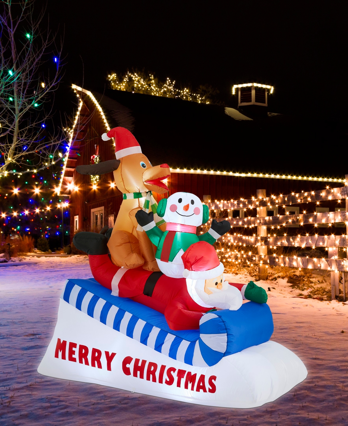 Glitzhome 6" Lighted Inflatable Skiing Santa, Snowman And Dog Decor In Multi