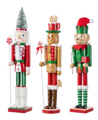 Wooden Christmas Green Brush Tree, Gingerbread Man and Elf Dog Nutcracker, Set of 3